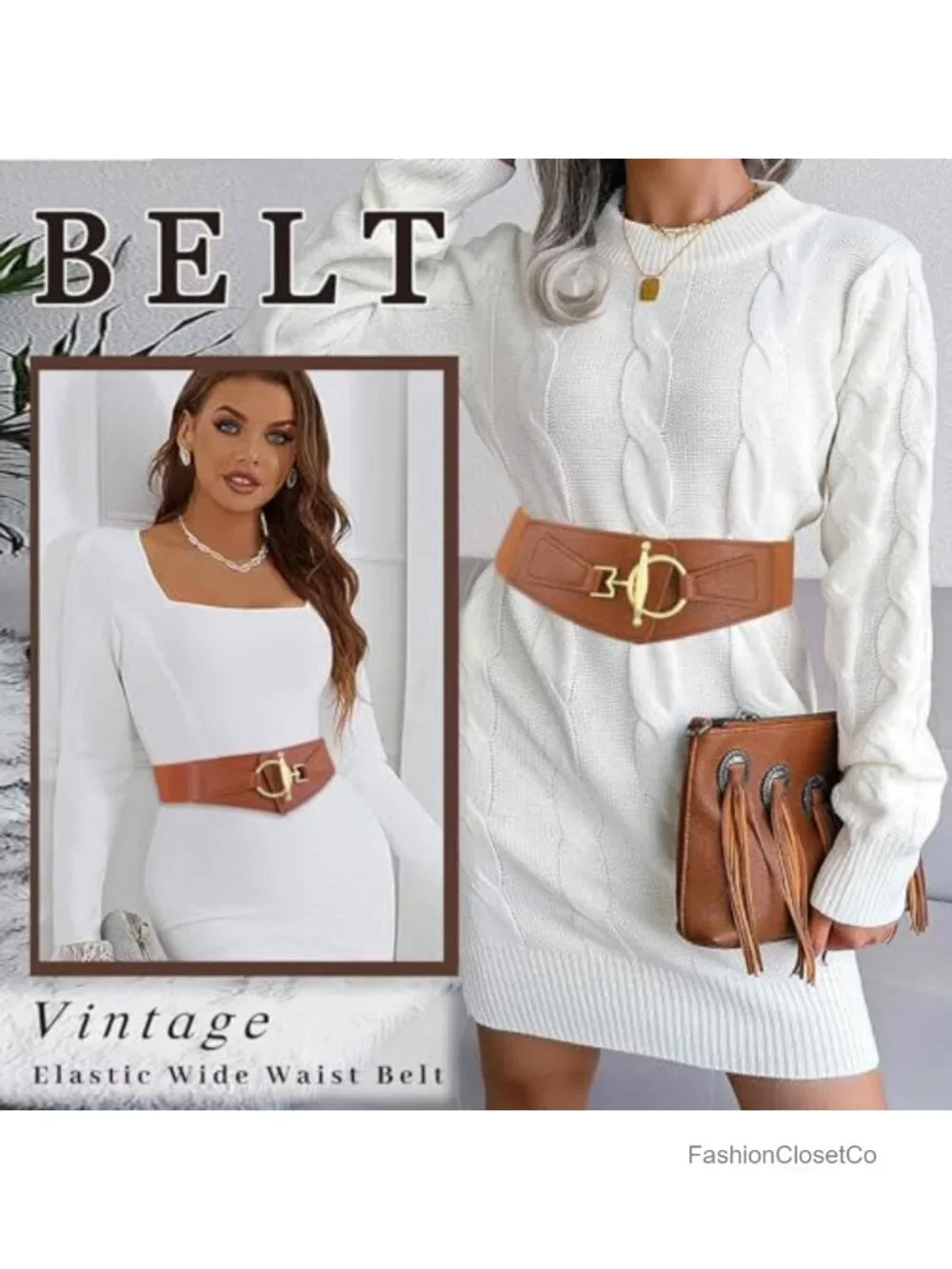 Women's Stretchy Wide Elastic Waist Belt with Gold Buckle